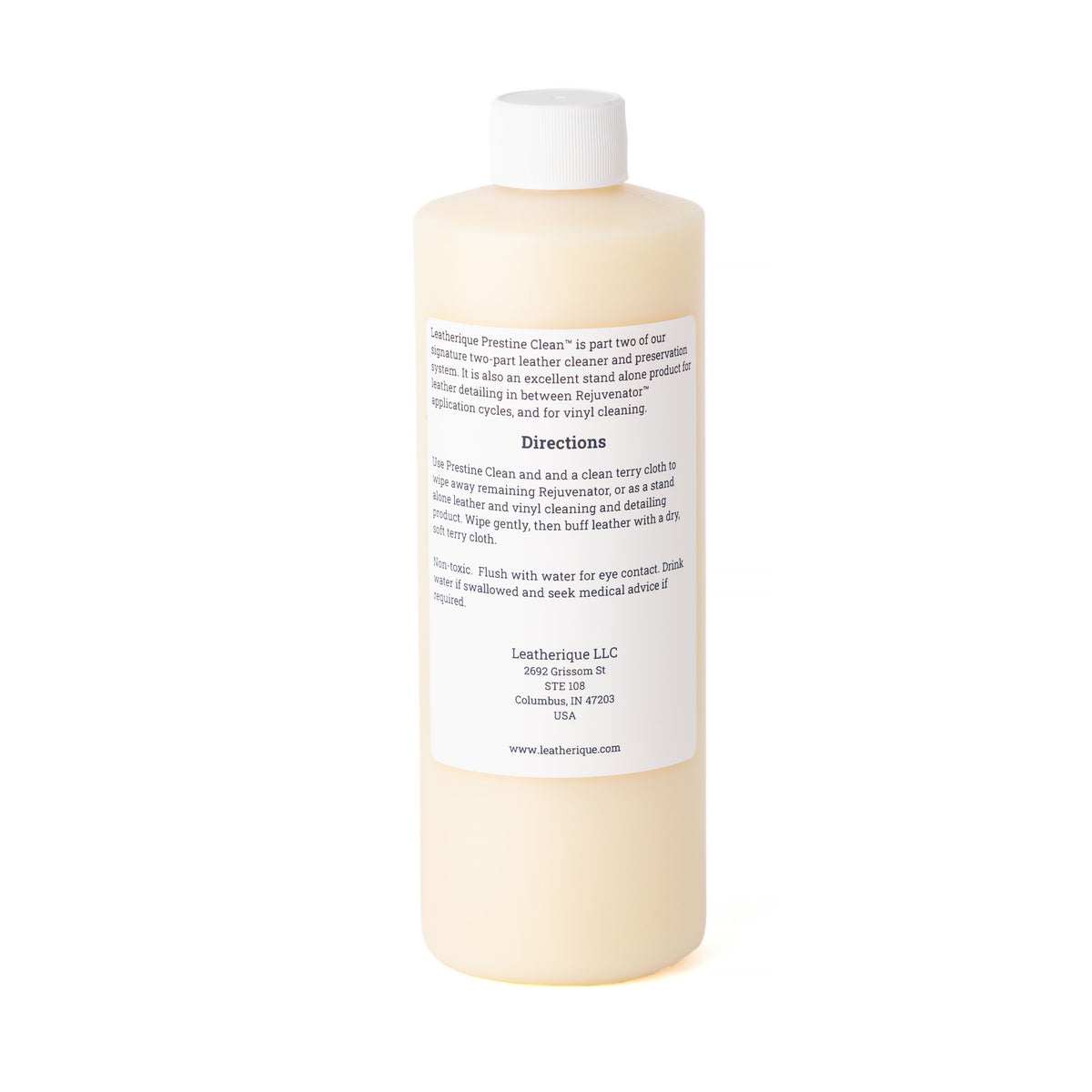 Leatherique Prestine Clean leather cleaner, 16oz bottle back label