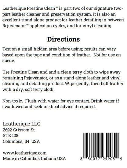 Leatherique Prestine Clean leather cleaner back label